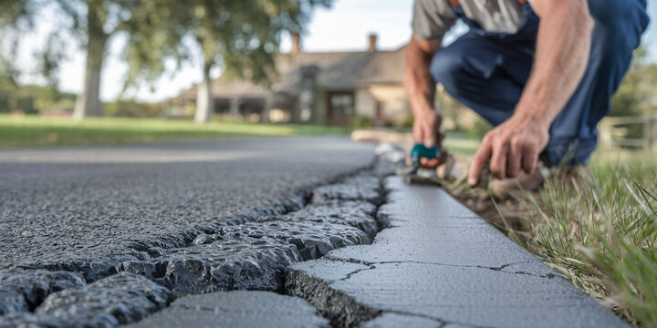 Paving a New Driveway: Skilled Worker in Action. A dedicated worker meticulously smooths out fresh asphalt on a new driveway using a triangular metal tool. 