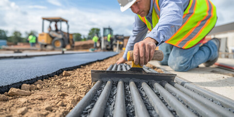 Skilled Construction Worker Applying Fresh Asphalt on a Busy Site. A construction worker, clad in a safety vest and hard hat, meticulously applies a layer of fresh asphalt using a handheld rake tool.