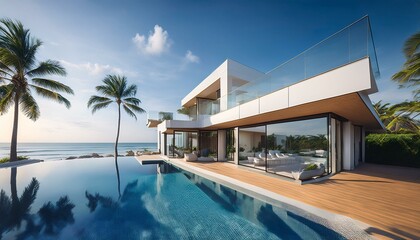 Fototapeta premium Architecture of a beach house with a pool, interior view - directly by the sea, with palm trees and coconuts - modern and with glass.
