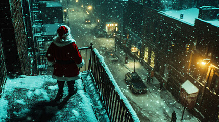 A mysterious Santa Claus figure standing on a rooftop, looking down a snowy street at night.