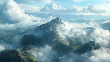 Breathtaking mountain landscape, with majestic peaks and dramatic clouds above a serene sea of mist.