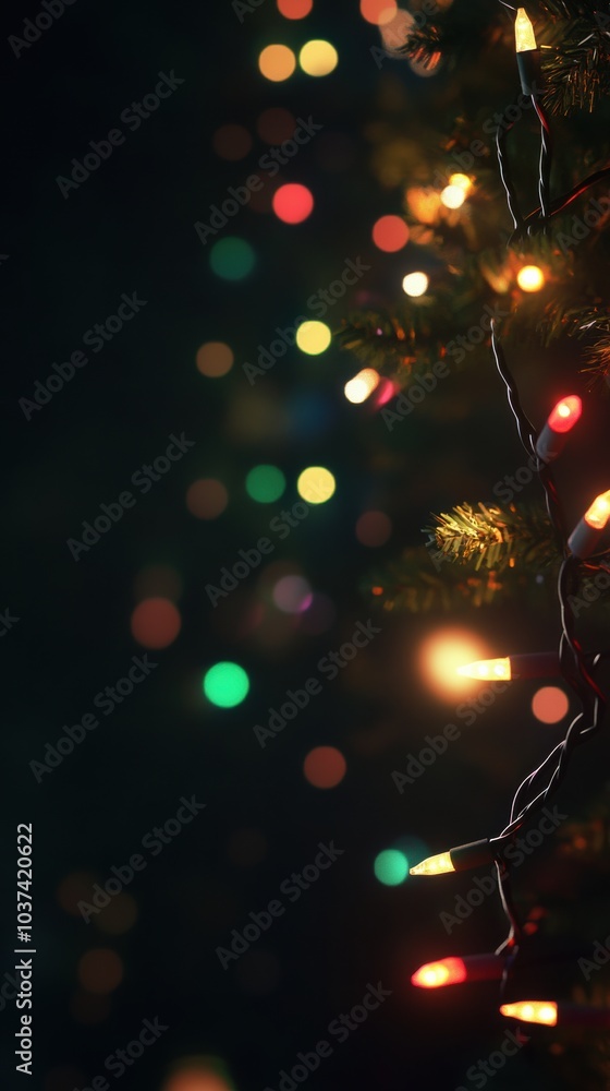 Poster strings of vibrant christmas lights twinkle against a dark background, creating a warm and inviting 