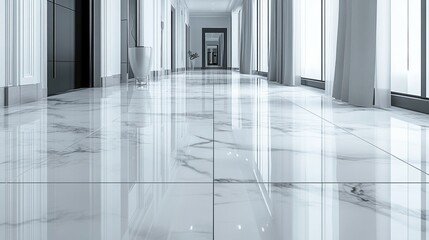 Fototapeta premium A luxurious marble hallway with white walls, black doors, and a flawless pattern of white ceramic tiles.