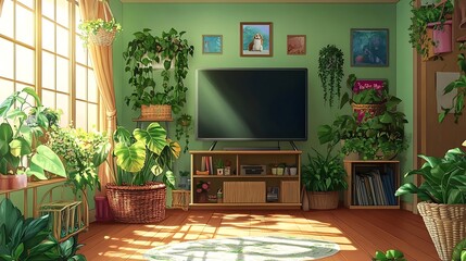 Cozy Living Room with Plants  TV  and Bookshelf