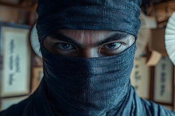 Naklejka premium Intense gaze of a mysterious ninja in traditional attire surrounded by japanese calligraphy