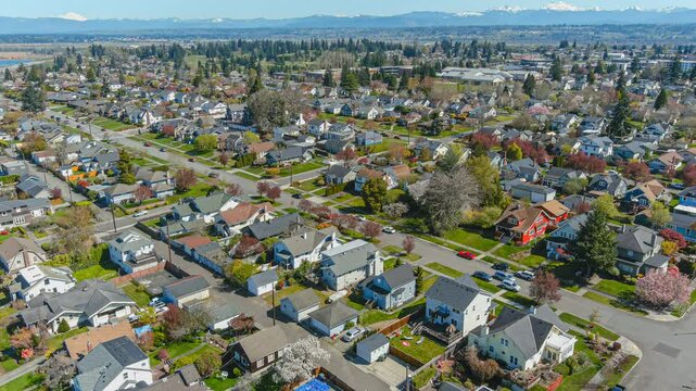 Pacific Northwest suburban neighborhood on a sunny day, rising to show view