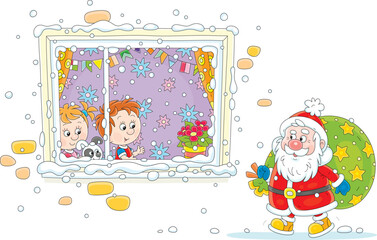 Funny little girl and boy happily looking through a window of their decorated nursery room at Santa Claus walking with his magical bag of Christmas gifts, vector cartoon illustration on white