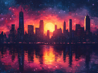 Fototapeta premium Vibrant City Skyline at Sunset with Colorful Reflections on Water