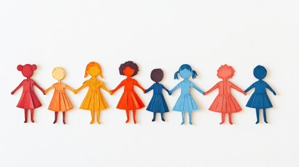 Group of diverse papercut children holding hands, white background