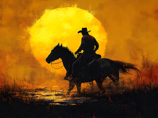 Fototapeta premium Cowboy Riding Horse Silhouette at Sunset in Scenic Western Landscape