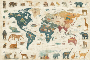 colorful animal art on a world map: a watercolor collage of wildlife illustration