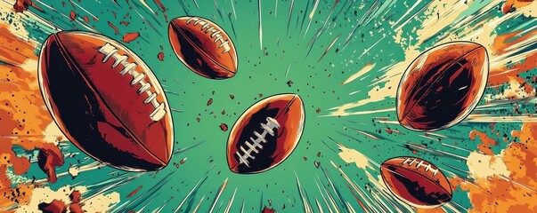 Dynamic comic book-style illustration of American footballs soaring energetically through the air with vibrant colors and explosive motion