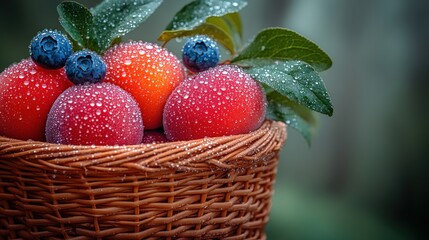 Colorful fruits glisten with droplets, nestled in a charming basket outdoors