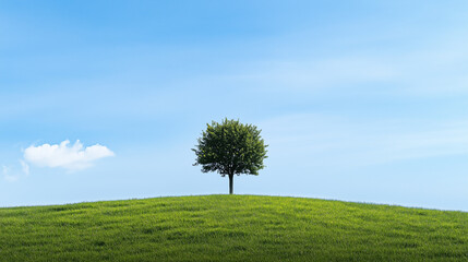 Obraz premium One tree on a green, grassy field with a blue sky background.