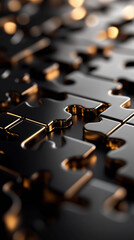 Glossy Black and Gold Puzzle Pieces with Dramatic Lighting