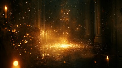 Golden Sparks and Candlelight in a Dark, Columned Hall