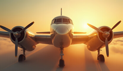 Fototapeta premium Vintage twin-engine passenger airplane with propellers at sunset 