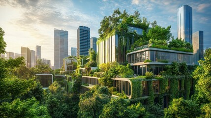 Naklejka premium Image of a green eco city with renewable energy and carbon neutrality. Concept Eco-Friendly City, Renewable Energy, Carbon Neutrality, Sustainable Living, Green Infrastructure