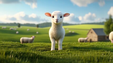 Obraz premium A cute lamb stands in a green field with a farm backdrop, surrounded by other sheep under a bright, blue sky.