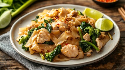 A mouthwatering plate of Thai pad see ew, stir-fried wide rice noodles with chicken, Chinese broccoli