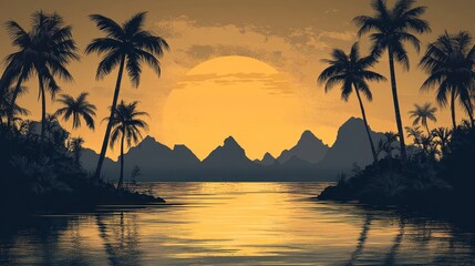 A stunning sunset paints golden hues over calm waters, framed by palm silhouettes