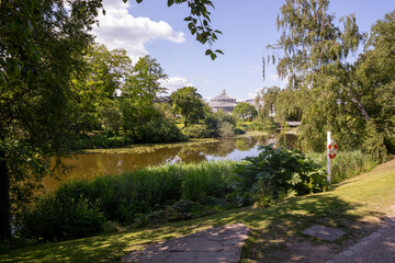 Looking towards the large glasshouse of the  Copenhagen Botanical Garden In Denmark