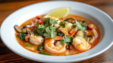 A mouthwatering plate of Thai tom yum soup, spicy and sour broth with shrimp, lemongrass