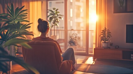 Obraz premium Mental health, thinking and woman in living room with memory, peace or thoughtful at home. Female therapist, nostalgia or morning reflection on leave for wellness, break or healthy mind in apartment