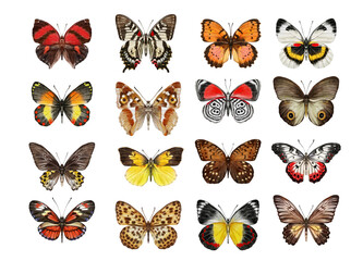 Watercolor colorful butterflies, isolated on white background. brown, yellow and red butterfly spring