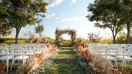 Obraz premium outdoor wedding ceremony set up with white chairs and bohemian flowers