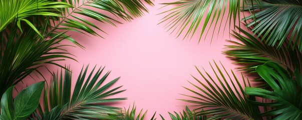 Tropical palm leaves with a vibrant pink background creating a refreshing and calming atmosphere