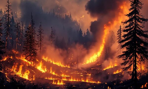 Raging Wildfire Engulfing a Forest: Intense Flames and Thick Smoke in a Dramatic Scene, Generative AI.