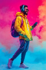Fototapeta premium Photograph of a young man enjoying music in a colourful environment.