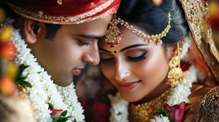Obraz premium Portrait of an Indian wedding couple posing for album
