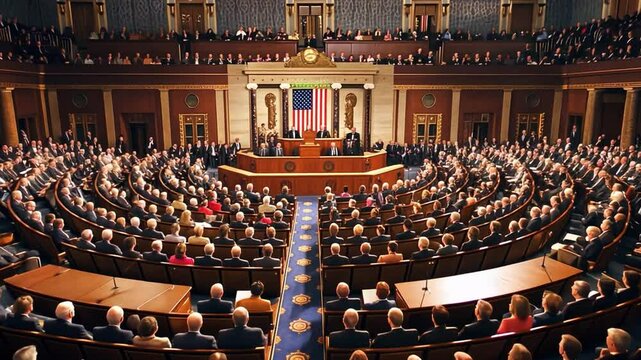 In the House Chamber, numerous Congress members are seated and attentively listening as a speaker addresses pressing national matters, creating an atmosphere of engagement and democracy.