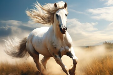 Obraz premium The powerful white horse runs freely across a sunlit field its mane flowing in the wind as it kicks up dust and grass behind it showcasing its vitality