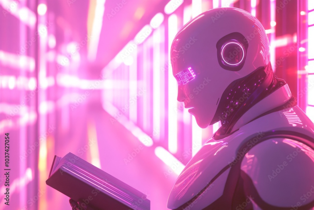 Poster a white android robot reading a book in a futuristic digital library
