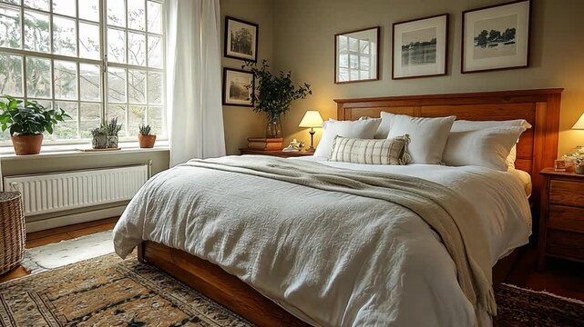 This serene bedroom with a welcoming atmosphere, highlighted by soft bedding and plants.
