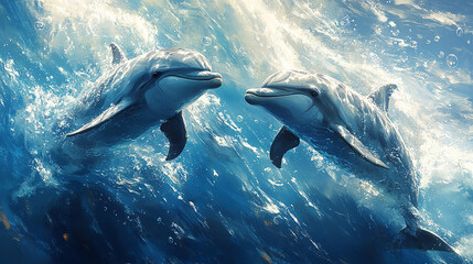 dolphins are leaping in the ocean, splashing water.