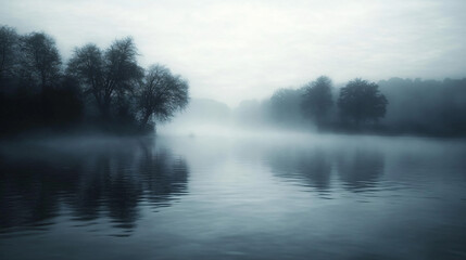 Fototapeta premium A misty river scene in the early morning, with fog hovering over the water and trees in the background.