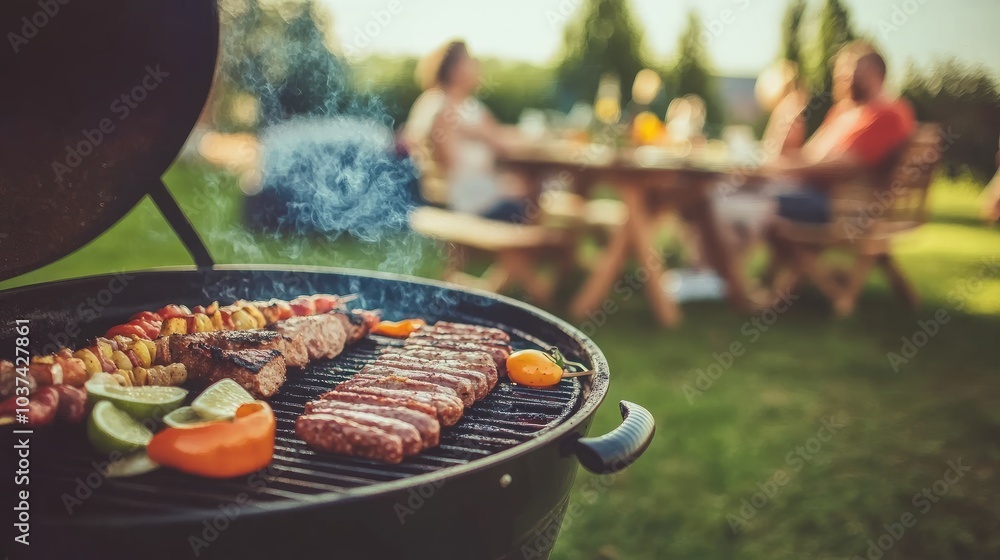 Wall mural sunlit barbecue gathering in a green backyard