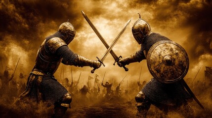 Epic Duel Between Medieval Knights in Battle Scene