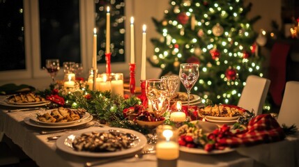 Festive Christmas Dinner Table Setting with Decorations