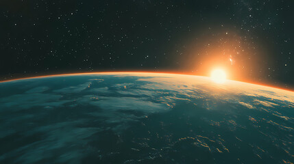 Fototapeta premium Sunrise over earth with a starry milky way galaxy backdrop. Sunset Over Horizon. Illustration