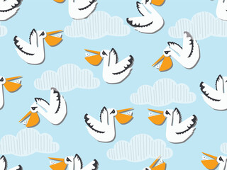 SEAMLESS DOODLE PELICAN PATTERN CUTE FUNNY TROPICAL BIRD REPEAT PATTERN IDEAL FOR TEXTILE, FABRIC, WRAPPING PAPER. WALLPAPER AND DECORATION IN VECTOR FILE.