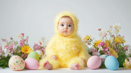 Fototapeta premium Adorable baby in yellow fuzzy outfit surrounded by colorful easter eggs and spring flowers