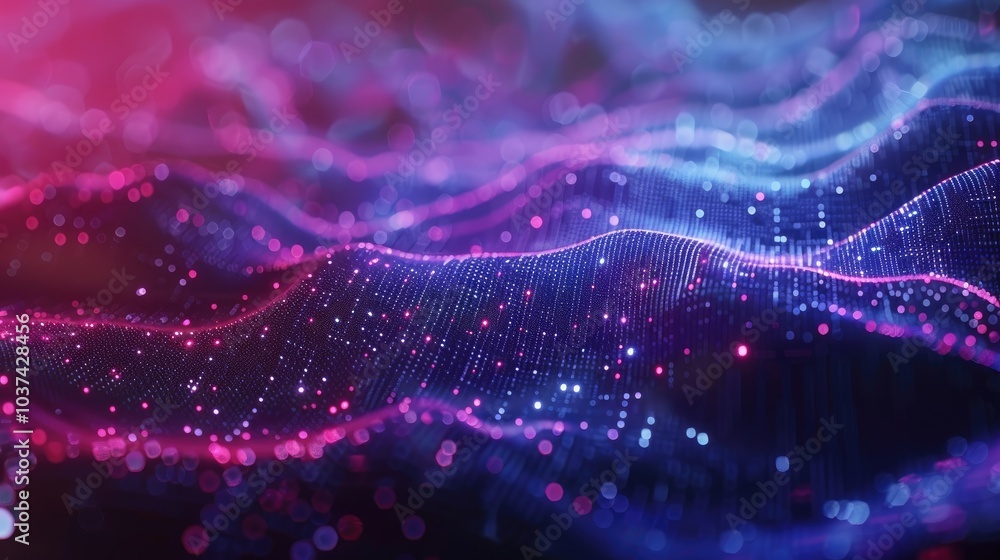 Poster abstract waves with glowing particles in dark background