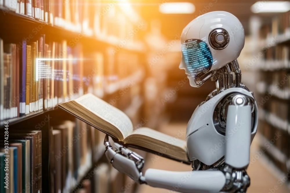 Poster robot reading in a library