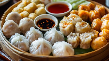 A mouthwatering platter of assorted dim sum including steamed dumplings, pork buns, and shrimp siu mai