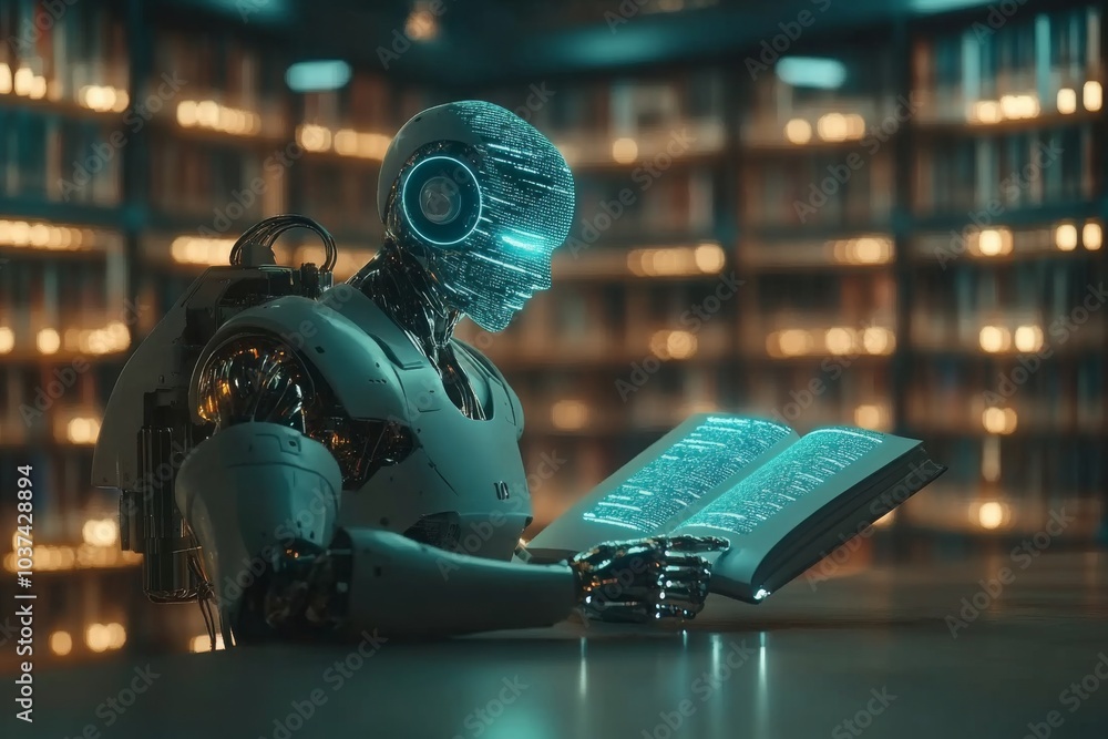 Poster a futuristic robot reads a book in a library